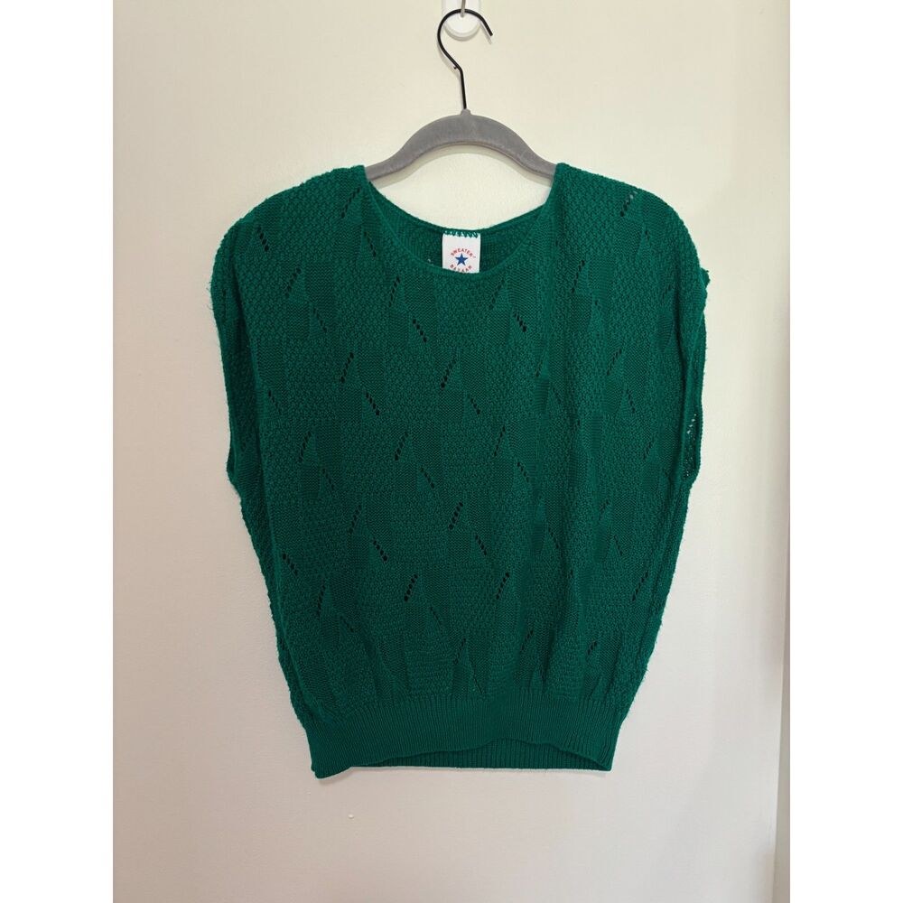 Vintage Sweater Bazaar Knit Top Green Pointelle Sleeveless Cottagecore M Cozy